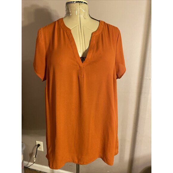Torrid 0 (Sz L) Semi-Sheer Blouse V-Neck Pleated Back Cap Sleeve Hi/Low Hem - Picture 1 of 9